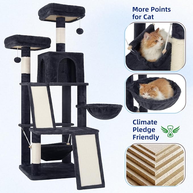Cat Tree Tower Multi-Level with 2 Scratching Boards, GCT022G | 55.1 inch Cat Condo House with Hammock for Indoor Cats, 2 Plush Padding Platforms, Basket, Scratching Post, Toys, Dark Gray - Image 5