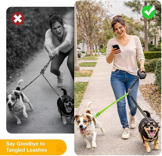 Double Dog Leash for Two Dogs, Professional No Tangle 360° Swivel Coupler with Shock Absorbing Bungee, Adjustable Length Dual-Sided Reflective Two Dogs Lead Splitter for Small Medium Large Dog - Image 4
