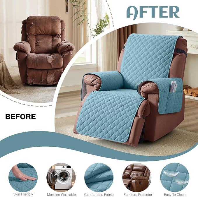 KinCam 100% Waterproof Recliner Chair Covers Washable, 23.6", Light Blue | Anti Slip Reclining Couch Covers for Pets Dog, Recliner Sofa Slipcover Storage Pocket, Furniture Protector with Elastic Strap - Image 6