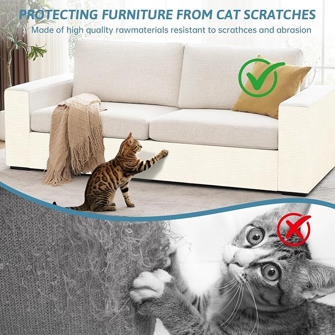 Cat Scratch Mat for Couch Furniture (Off-White, 78.7" x 15.8") | Self-Adhesive Cat Scratcher Carpet, Trimmable DIY Cat Scratch Pad, Furniture Protector for Couch, Wall, Door & Cat Tree - Image 3