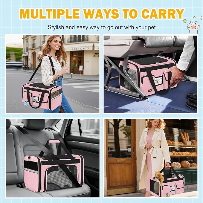 HUANLANG Large Cat Carrier Soft Sided Travel Pet Carrier Airline Approved | Dog Carriers for Small Dogs Medium Cats,Collapsible,3 Storage,zipper lock,Reflective strips,Luggage Strap, Up to 15 L,Pinkbs - Image 6
