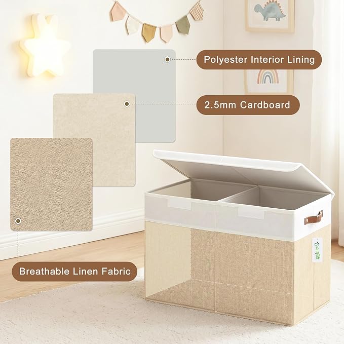 Bagnizer Large Toy Storage Box with Lids, Collapsible Sturdy Baby Storage Organizer Chest Bin Basket for Kids, Boys, Girls, Playroom, Nursery, Bedroom, Closet 25"x13"x16" (Beige and White) - Image 3
