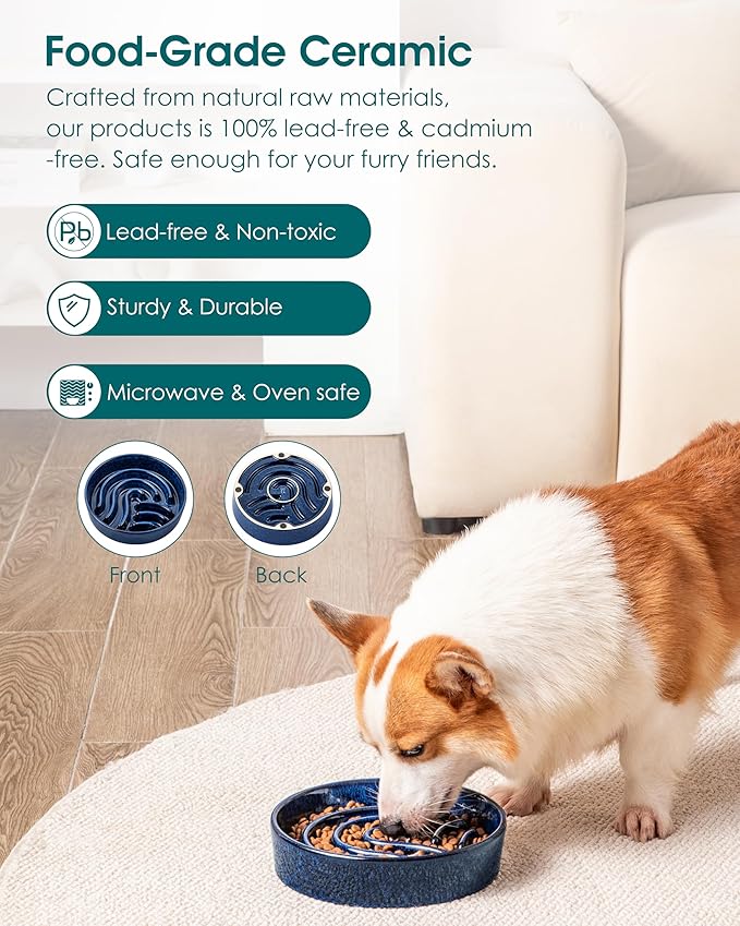 vancasso Slow Feeder Dog Bowl, 1.5 Cup Ceramic Slow Feeding Food Dish for Small and Medium Breed, Puzzle Dog Food Bowl for Fast Eater, Blue - Image 4