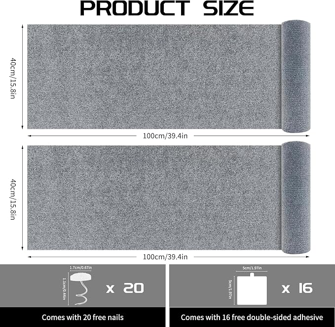 2 Pcs Total 78.8"x15.8" Cat Scratch Mat, Cat Scratch Couch Furniture Protector, Trimmable Self-Adhesive Cats Scratch Pads, DIY Cat Scratcher for Wall Protector and Covering Cat Tower (Light Grey) - Image 2