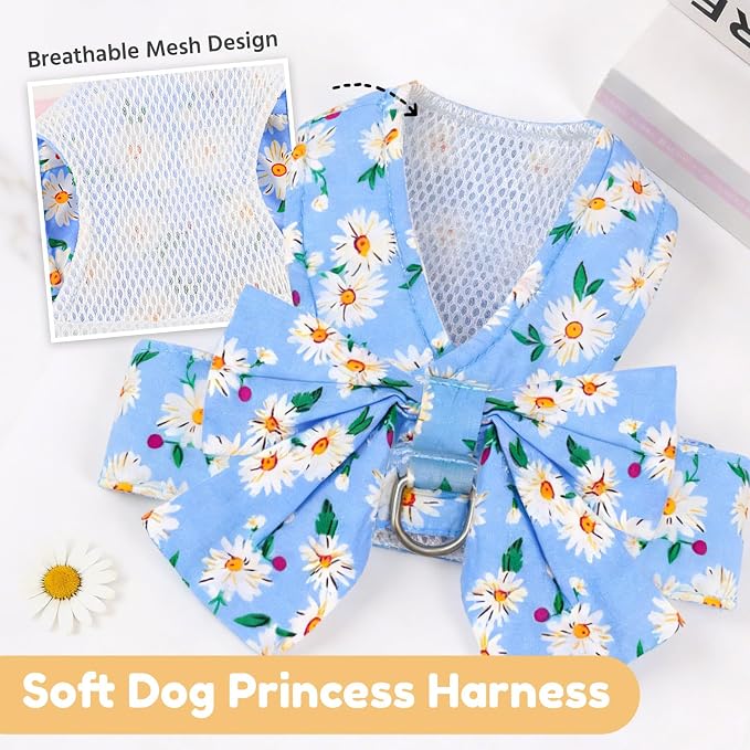 BAEJMJK Dog Harness and Leash Set with Bow Knot No Pull Pet Daisy Floral Harness with D-Ring Soft Mesh Dog Harness Vest Set Escape Proof Princess Puppy Harness for Small Girl Dogs Cats（Blue B M） - Image 5