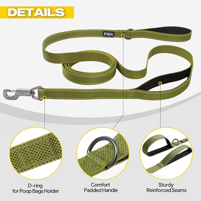 Fida 10 FT Heavy Duty Dog Leash, Dual Padded Handles for Medium Large Dogs | Traffic Handle for Close Control, Advanced Easy Snap Hook, Reflective, Strong Nylon Webbing for Long Walks & Training, Green - Image 6