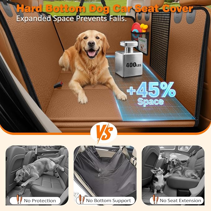 URPOWER Hard Bottom Dog Car Seat Cover for Back Seat, Waterproof Hammock | 400 lbs Support, 45% More Space, PU Leather, Waterproof, Scratch Resistant, Non-Slip, Mesh Window, Dog Seat Belt Included - Image 2