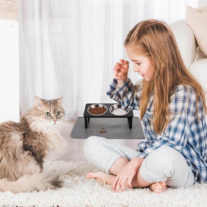 Summark Upgraded Elevated Cat Bowls with Food Mat,15°Tilted Stand Anti Vomiting Raised Cat Dishes for Food and Water,2 Stainless Steel Bowls for Cats and Puppy（Black） - Image 7