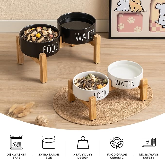 Elevated Ceramic Dog Bowls Set - Food & Water Lettering Raised Dog Bowl with Non-Slip Bamboo Stand for Cats and Small Dogs, Weighted Dogs Dishes Pet Bowls (5.1 inch, 2 * 16oz, White) - Image 4