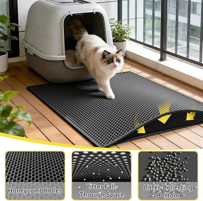 Cat Litter Mat, 30"x24", Waterproof, Easy to Clean (Black-1Pack) | Double-Layer Honeycomb for Effective Litter Trapping, Premium Durable EVA, Non-Slip, Paw-Friendly Soft Surface - Image 2