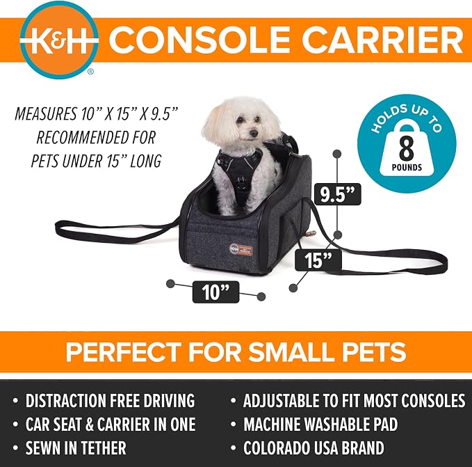 K&H Center Console Dog Car Seat for Small Dogs & Cats, for Pets Under 8 lbs | Front seat view, car seat for dogs, car dog seat, mesh top, safety tether - Image 3
