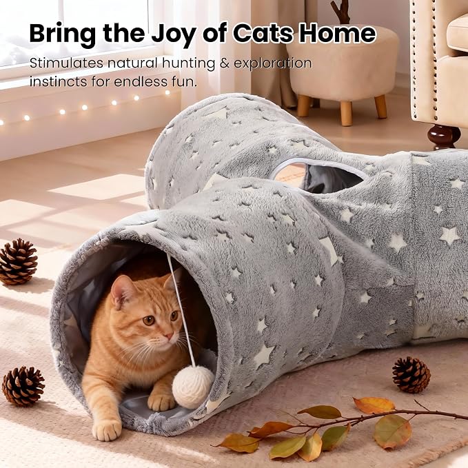 Tempcore 3-Way Collapsible Cat Tunnel Toy with Self-Luminous Tube & Teaser Wand, Peek Holes & Hanging Ball, Photoluminescence Play Tunnel for Indoor Cats, Puppy, Rabbit - Image 5