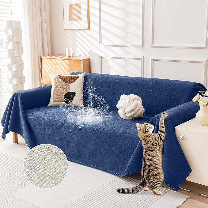 Deep Dream Cat-Scratch Resistant Couch Cover, Waterproof Sofa Cover for 3 Cushion Couch Washable, Pet Friendly Couch Protectors Anti Slip Thickened Love Seat Slipcovers for Dogs Pets,71" x 134",Blue by DeepDream