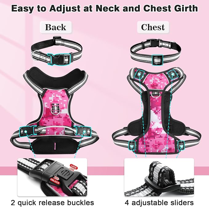 Dog Harness No Pull, Pet Harnesses with Dog Collar, Adjustable Reflective Oxford Outdoor Vest, Front/Back Leash Clips for Small, Medium, Large, Extra Large Dogs, Easy Control Handle for Walking - Image 4