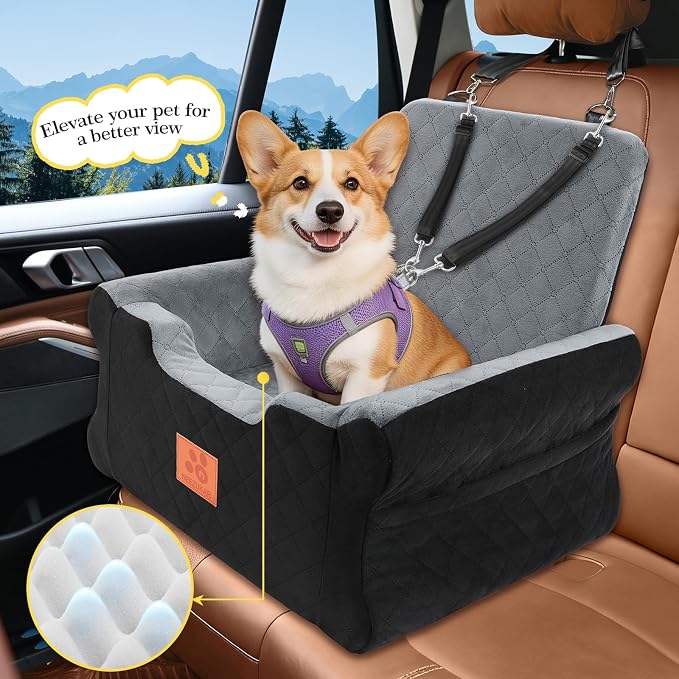 NEEZUKAR Dog Car Seat for Small Medium Dogs,Dog Booster Seat Under 35 lbs | Thick Cushion,Detachable Washable Pet Car Seat,Travel Dog Car Bed With Storage Pockets,2 Safety Belts - Image 2
