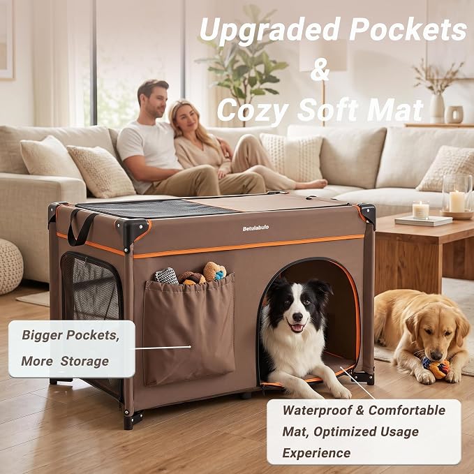 36 Inch Collapsible Travel Dog Crate, 4 Doors & Soft Pet Mat | Portable Dog Travel Crate for Medium Dogs,Large Storage Bag & Breathable Mesh,Soft Sided Dog Crate for Indoor & Outdoor Khaki - Image 3