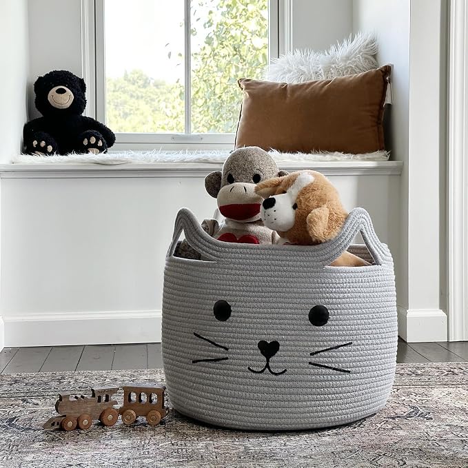 Large Woven Rope Cat Toy Basket with Cat Face Design, Grey | 15.7" x 11.8" Toy Bin & Box for Living Room Nursery, Baby Storage Basket for Towels, Blankets, with Sturdy Handles - Image 6