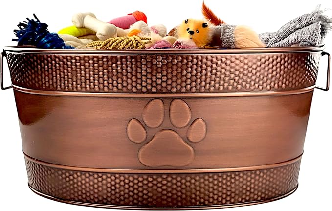 BREKX Copper Metal Dog Toy Storage Bin, Indestructible, Large | Toy Box, Blanket & Leash Organization • Handles by BREKX