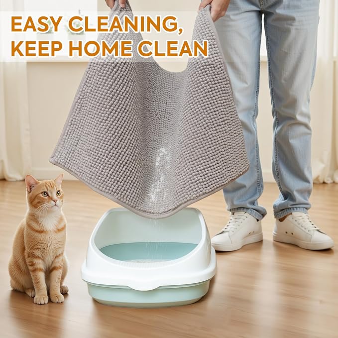 Pieviev Soft Chenille Cat Litter Box Mat, Ultra Absorbent, 28'' x 22'' | Long Plush Chenille Traps Cat Deeply, Waterproof Tpr Anti-Slip Backing, Absorbs Moisture, Machine Washable Cat Mat - Image 4