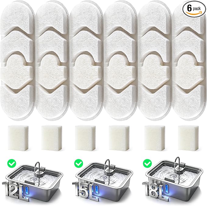 Dog Water Fountain Filter 6-Pack+6 Sponges Set | Dog Water Bowl Dispenser, Stainless Steel Pet Water Fountain Filters Set for Dogs Cats by DeftPet