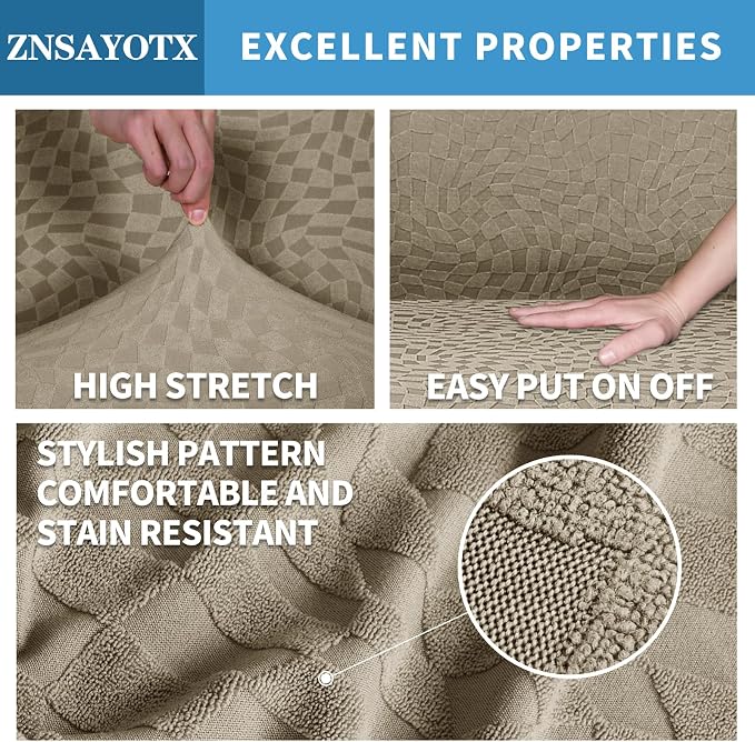 ZNSAYOTX 1 Piece Stretch Sofa Covers for 3 Cushion Couch (72"-90"), New Plaid Couch Cover with Non-Slip Buckle for Dog Pets, Ultimate Soft Cozy Washable Sofa Slipcover Form Fit Protector, Khaki - Image 3