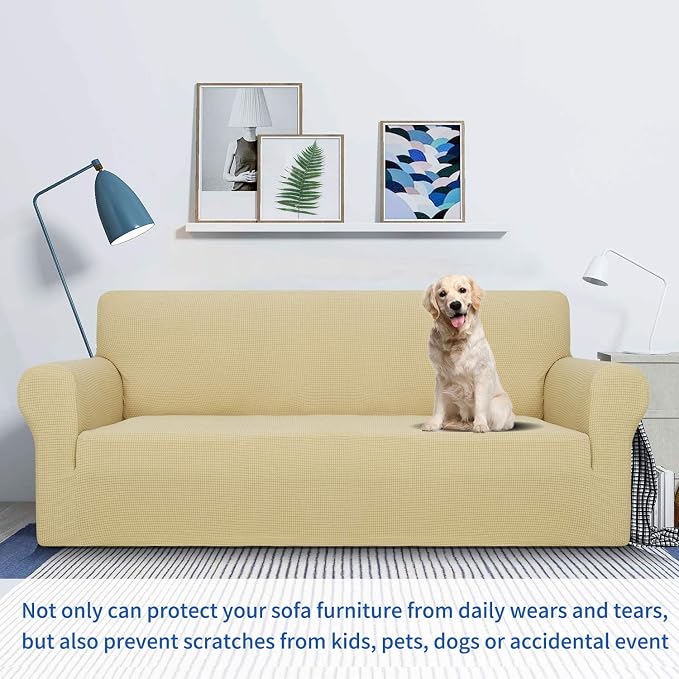 MAXIJIN Super Stretch Couch Cover for 3 Cushion Couch, 1-Piece Universal Sofa Covers Living Room Jacquard Spandex Furniture Protector Dogs Pet Friendly Fitted (Large, Beige) - Image 5