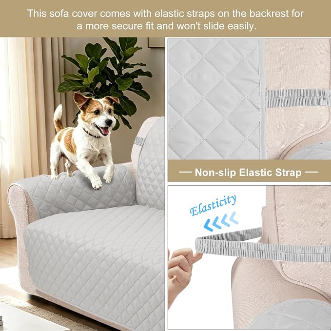 Reversible Couch Cover for 3 Cushion, Sofa, Light Grey/Beige | Couch Cover for Sofa, Pet Friendly Water Repellent Couch Sofa Cover, Washable Furniture Protector with Elastic Straps - Image 2