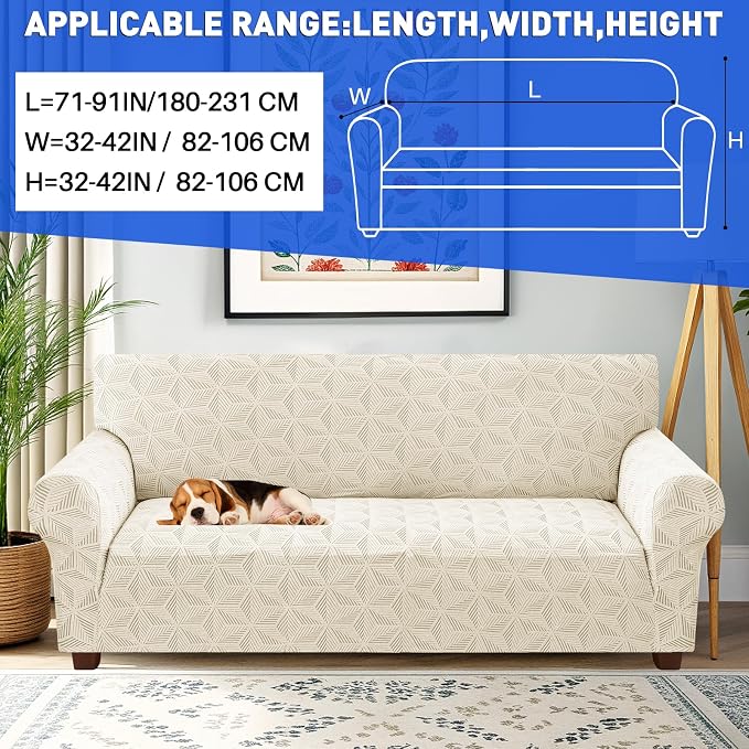 YEMYHOM 1 Piece Stretch Couch Covers for 3 Cushion Couch, Jacquard Sofa Cover with Non-Slip Elastic Bottom, Thickened Slipcover Furniture Protector for Dogs Pets (Large, Beige） - Image 2