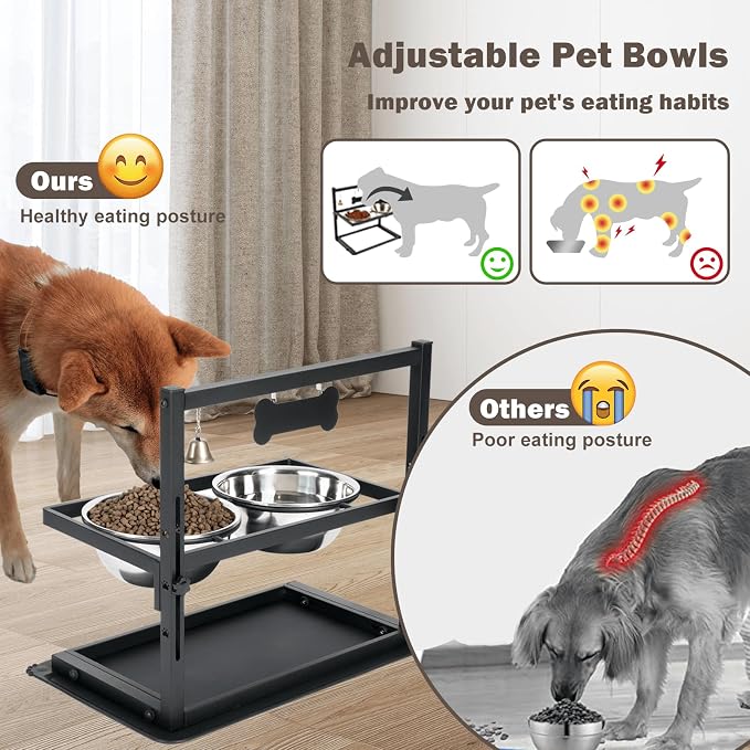 Elevated Dog Bowls with Slow Feeder for Large and Medium Dogs, Adjustable Height Raised Dog Bowl Stand with 2 Stainless Steel Bowls and Spill-Proof Mat, Dog Feeder for Healthy Eating (Grey) - Image 2