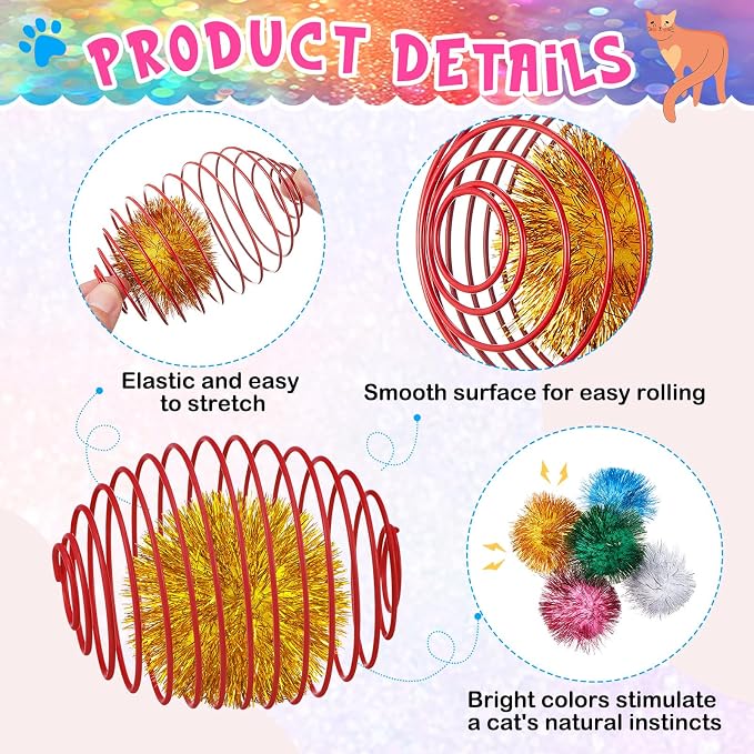 Jecery 5 Pcs Cat Toys Spring,Glitter Balls,Multicolor | Interactive Metal Cat Toy, Stretchable Rolling Ball, for Indoor Cats, Colorful Playful Coils, Kitten Pet Supplies - Image 3