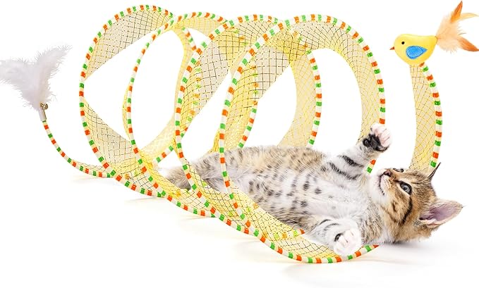 Potaroma Spiral Tunnel Cat Toy, Self Play Collapsible Spring Kitten Tunnel | For Indoor Cats, with Feather and Bell, 20 Inches Unfolded by Potaroma