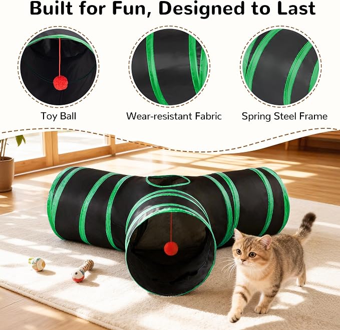 Tempcore Cat Tunnel for Indoor Cats, 3 Way Collapsible Pet Play Tunnel with Teaser Wand, Peek Holes & Hanging Ball, Interactive Tube for Kittens & Rabbits, Black & Green - Image 5