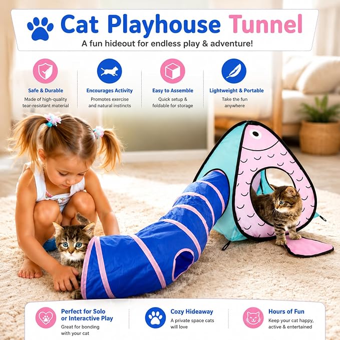 Rypet Cat Toy Tunnel and Cubes Bundle, Play Tubes for Indoor Cats, Blue | 3-in-1 Tunnel Cubes Tent, Crinkle Tube for Play, DIY Shapes, Ball and Bell for Play, Tear-Resistant Polyester, Folds Flat - Image 6
