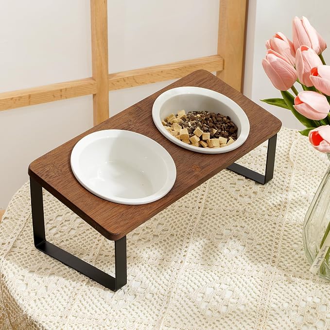 Sunhoo Ceramic Elevated Cat Bowls Raised Puppy Dishes for Food and Water Tilted Wooden Stand for Indoor Cats 5.5 inch Wide Double Dish Orthopedic Reduces Vomiting (Brown) - Image 6