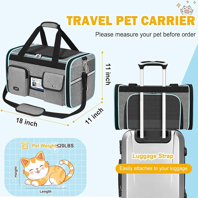 HUANLANG Large Cat Carrier Soft Sided Travel Pet Carrier Airline Approved | Dog Carriers for Small Dogs Medium Cats,Collapsible,3 Storage,zipper lock,Reflective strips,Luggage Strap, Up to 15 Lbs, Grey - Image 5