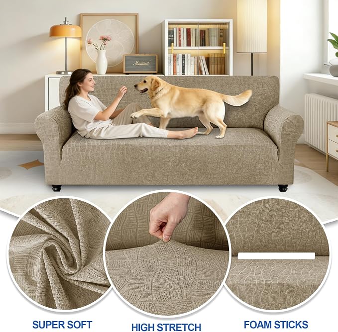 MAXIJIN Waterproof Couch Cover for 3 Cushion Couch, 1 Piece Stretch Sofa Covers Slipcovers with Non-Slip Elastic Bottom, Washable Furniture Protector for Dogs Pets (Large, Khaki) - Image 2