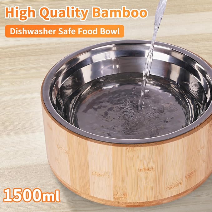 Elevated Dog Bowls for Large Dogs Feeder Two Bowls with a Stainless Steel and Bamboo Dishes，Raised Dog Bowl Stand with Non-Slip Feet，Ideal for Medium and Large Breeds， (13.5-inch High) - Image 3