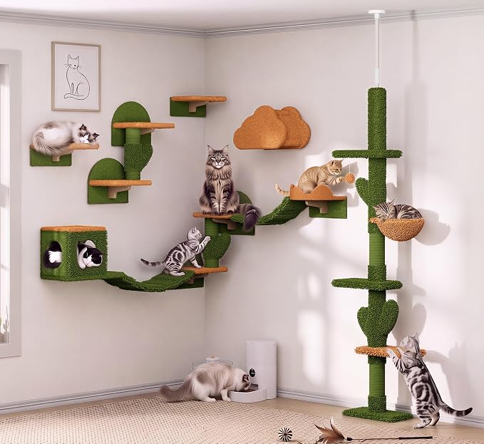 Cactus Floor to Ceiling Cat Tower, 14-in-1 Cat Wall Shelves, Green | Cats Tree with Adjustable Height(87-104 IN), Cat Climbing Wall Furniture Set for Adult Cats, with Scratching Post, Cloud - Image 5