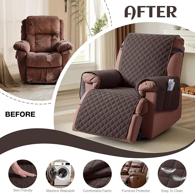 KinCam 100% Waterproof Recliner Chair Covers Washable, 25", Chocolate | Anti Slip Reclining Couch Covers for Pets Dog, Recliner Sofa Slipcover Storage Pocket, Furniture Protector with Elastic Strap - Image 6