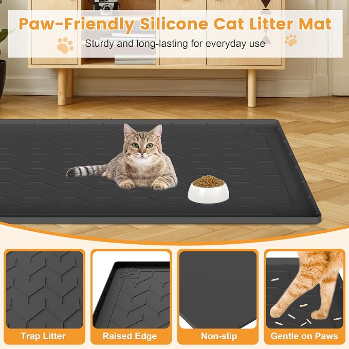 Cat Litter Mat, Extra Large 40"x28" Silicone Mat for Litter Box, Waterproof & Non-Slip Rubber Mat with Lip, Litter Trapping & Scatter Control, Soft on Cat Paws, Urine-Proof Floor Protector - Image 3