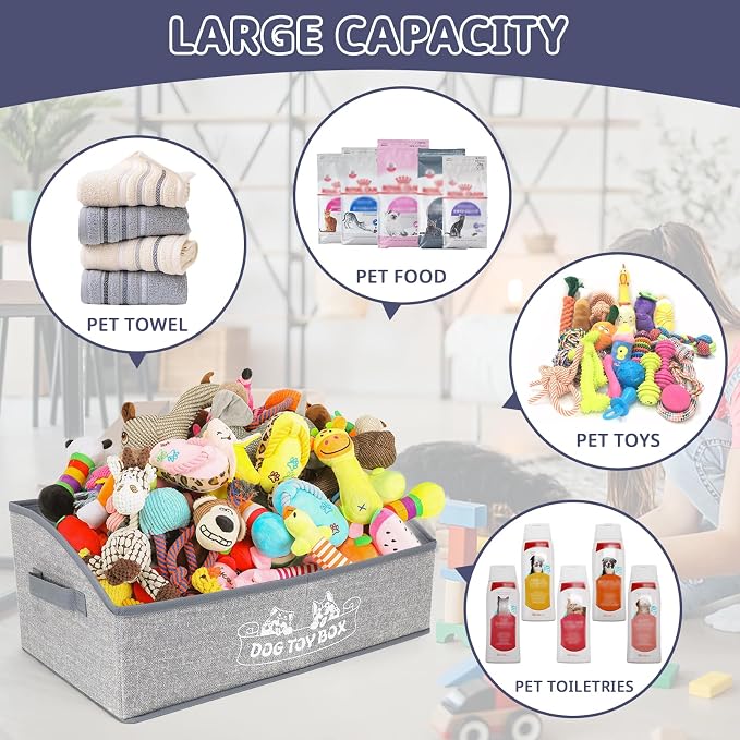 COWOSO Foldable Dog Toy Basket with 3 Handles, Pet Storage Box, White Dogs | Portable Pet Toy Organizer for Dog Toys & Accessories, Low Front Design, Waterproof Collapsible Storage Bin for Living Room - Image 3