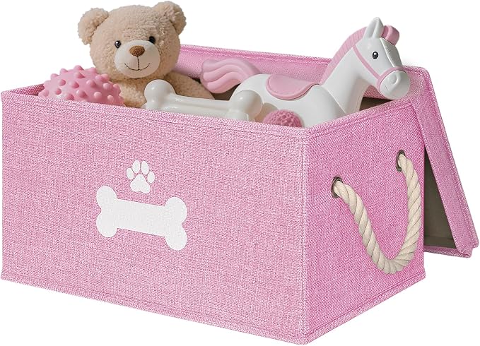 Dog Toy Basket with Lid, Dog Basket for Toys, Dogs Toy Box with Cotton Rope Handles, Collapsible Storage Bins for Pet Toys, Dogs Storage Organizer, Pink by GreenPetopia