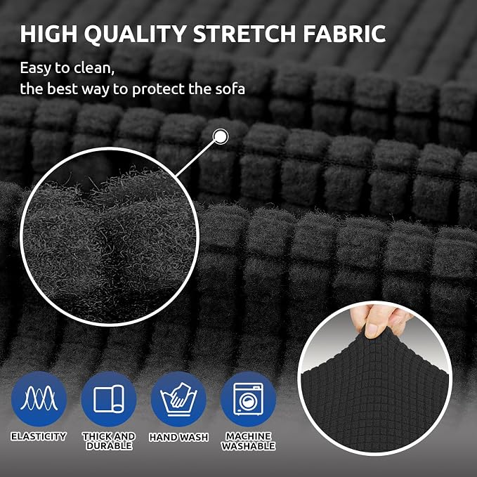 KEKUOU Stretch Loveseat Couch Cover, 2 Cushion Couch Slipcover,Black | 1-Piece Washable Sofa Cover Pet Friendly (55"-78") Furniture Protector Soft Jacquard, Elastic Bottom for Dogs & Kids - Image 4