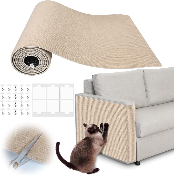 Cat Scratch Furniture Protector - 118" x 17" Trimmable Self-Adhesive Cats Claws Scratch Pads, DIY Cat Climbing Couch Protector for Scratch Post Cat Tree Replacement Indoor (Khaki) by Inchoco