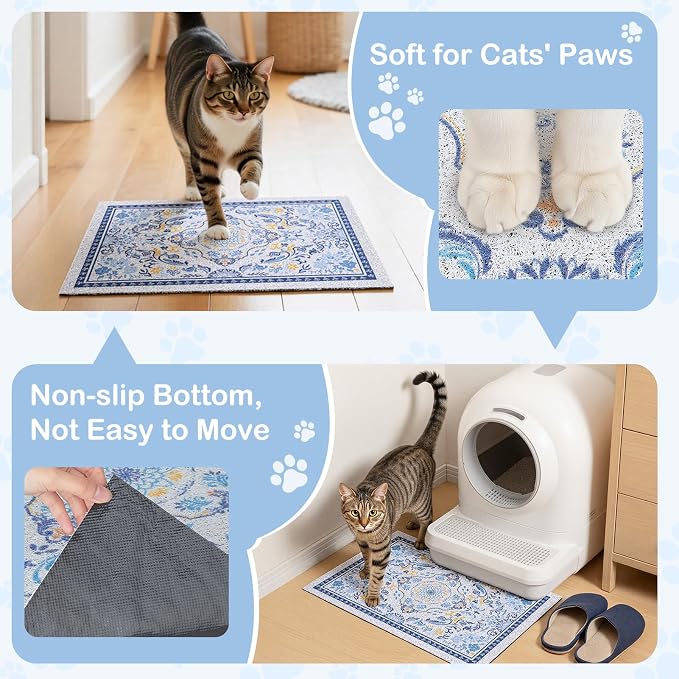 24"x15" Cat Litter Mat Waterproof Non-Slip Litter Trapping Pad | Soft Mesh Litter Box Mat With A Decorative Pattern Captures Scatter Effectively To Keep Floors Clean And Tidy - Image 4