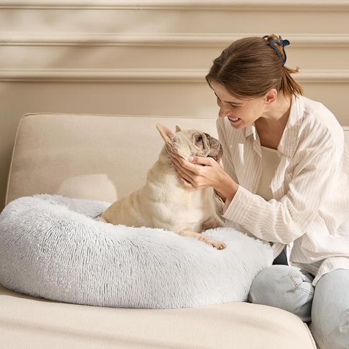Bedsure Calming Cat Beds Donut Round Washable Kitten Bed,20 inches | Fluffy Faux Fur Cuddler,Anti-Slip Bottom,Anti-Anxiety,Deep Sleeping for Cats&Small Pets Up to 15 Lbs,Frost Grey - Image 8