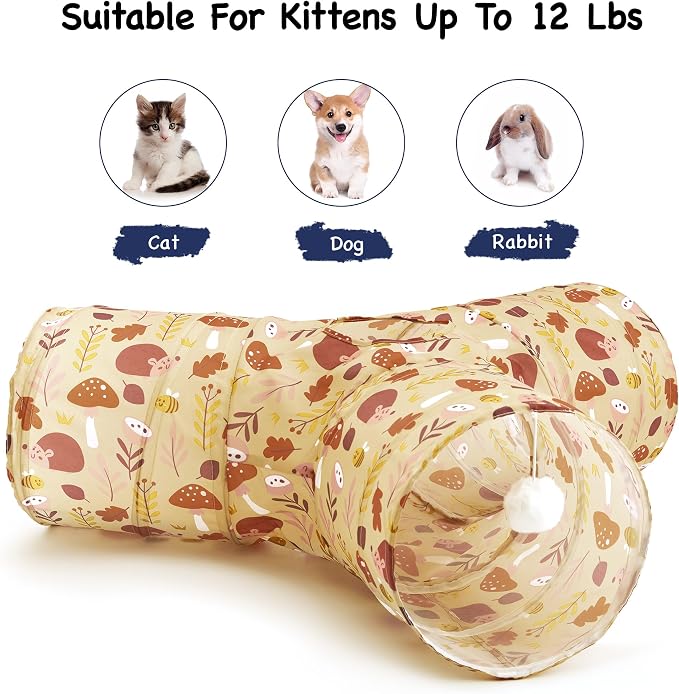 Tempcore Cat Tunnel for Indoor Cats, 3 Way Collapsible Pet Play Tunnel with Teaser Wand, Peek Holes & Hanging Ball, Interactive Tube for Kittens & Rabbits, Khaki Hedgehog - Image 6