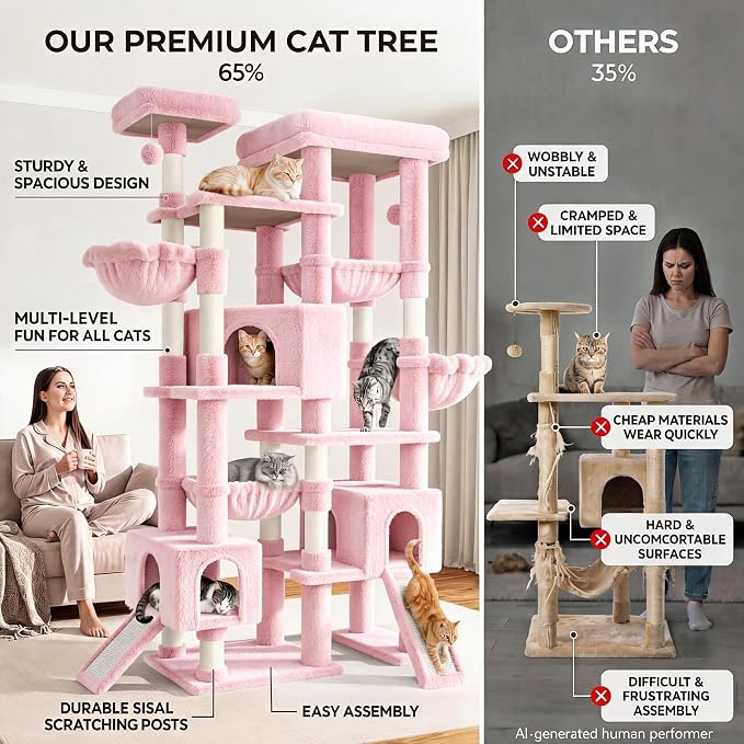 Sha Cerlin 87 in Multi-Level Tall Cat Tree Tower for Large Cats/Extra Wide Feline Activity Center/Sisal Scratching Posts/Wide Base/Cozy Plush Perches/Baskets/Hammocks/Toy Balls/Pink - Image 6