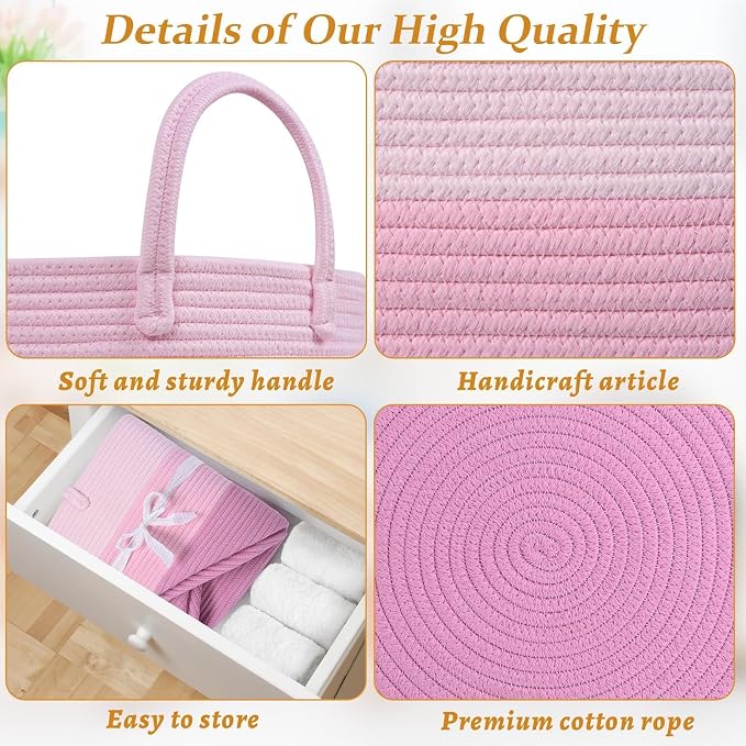 67L Large Woven Blanket Basket, Cotton Rope Baby Laundry Hamper with Handles, Kids Toy Basket for Classroom & Nursery, Soft Round Stuffed Animal Storage, Dog Toy Bin - 20"x13", Pink - Image 7