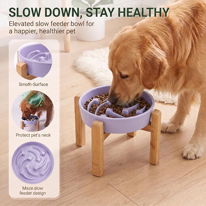 Elevated Ceramic Slow Feeder Dog Bowls Anti-Choking Slow Feeding for Medium& Large Anti-Slip Non-Lead & Toxic Durable Easy to Clean Maze Slow Feeder Bowl（8.66in Light Purple Stars Pattern） - Image 2